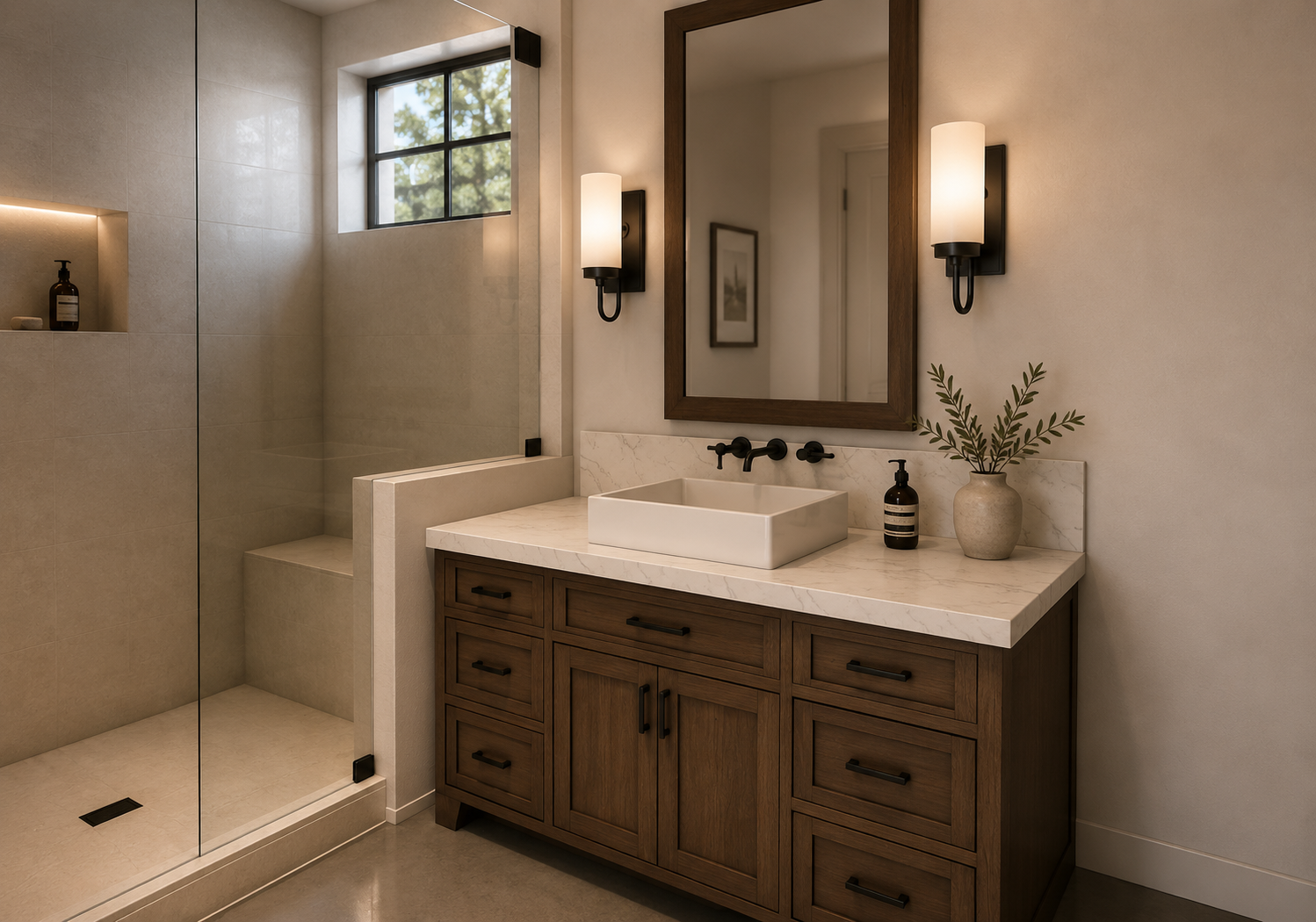 ADU bathroom with limestone surfaces, custom wood vanity, and black fixtures