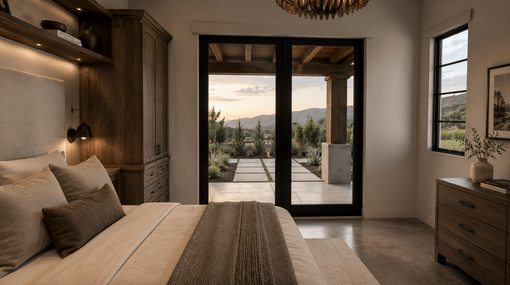 Warm ADU bedroom opening through black steel doors to a covered terrace