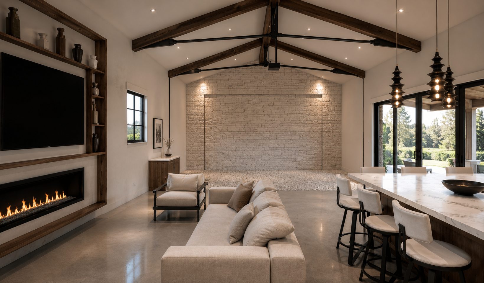 Vaulted great room with contemporary timber trusses and steel-framed doors