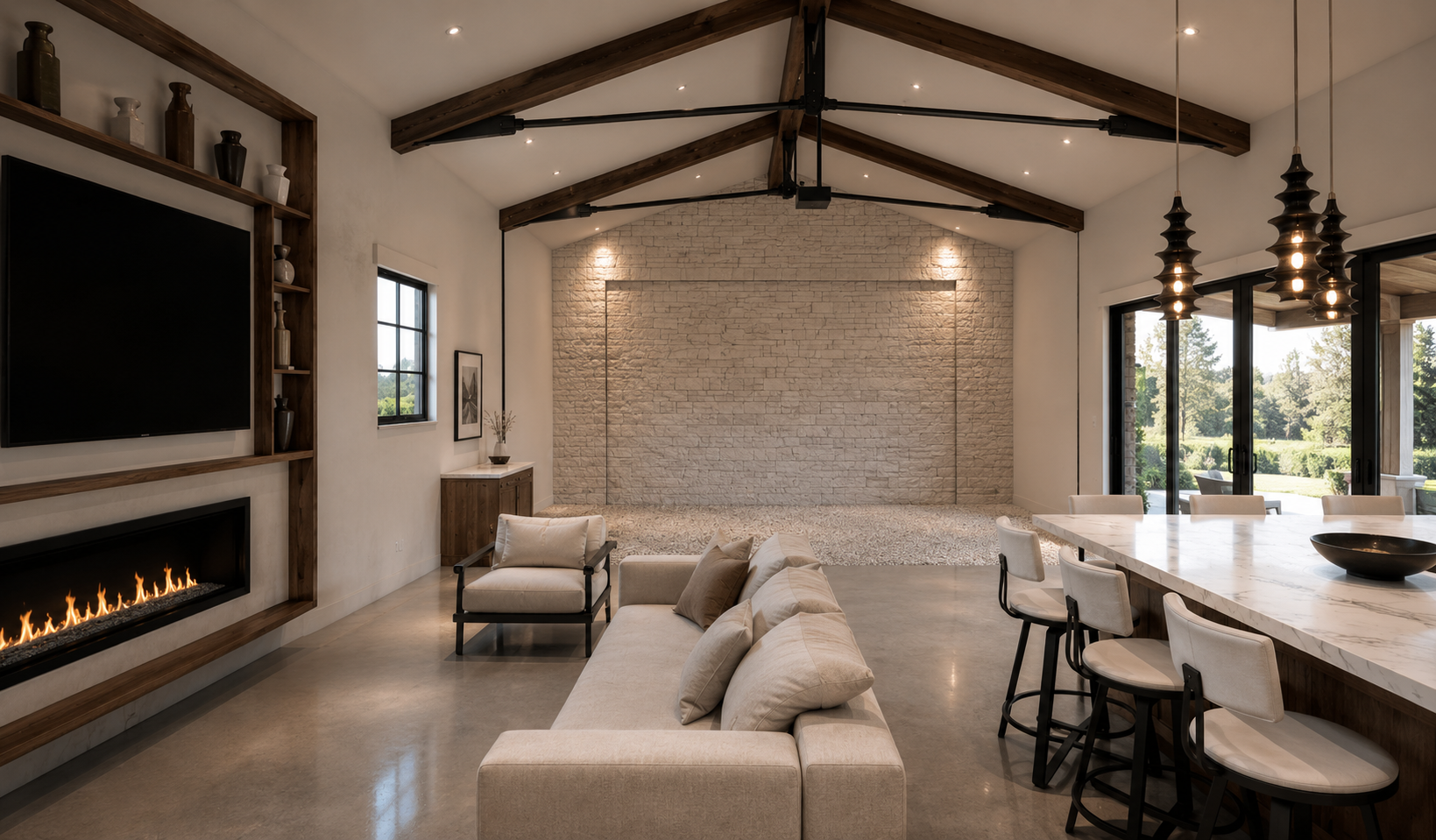 Vaulted ADU great room with contemporary timber trusses and steel-framed doors