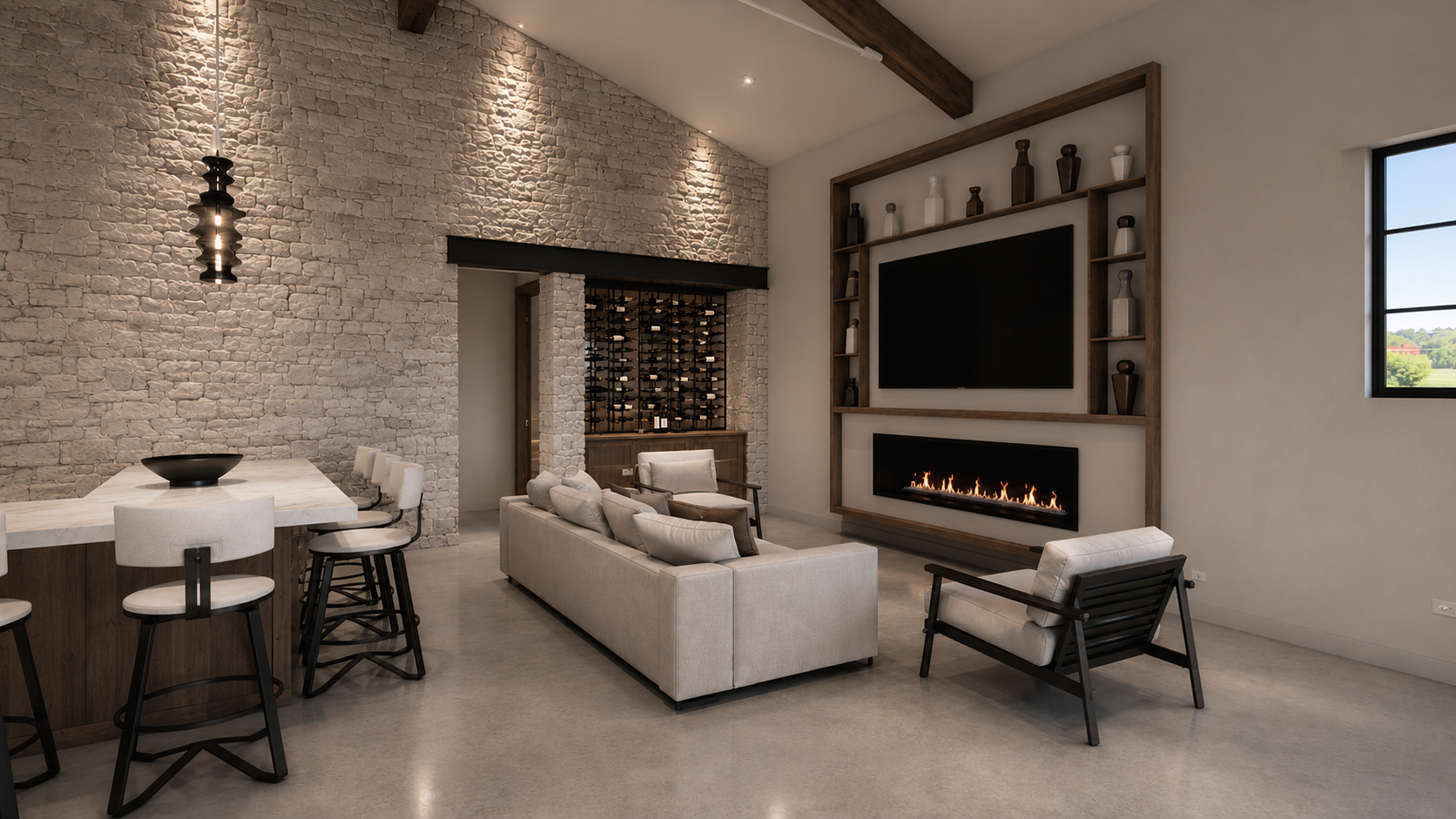 Open ADU living room with limestone, rustic wood detailing, and a linear fireplace