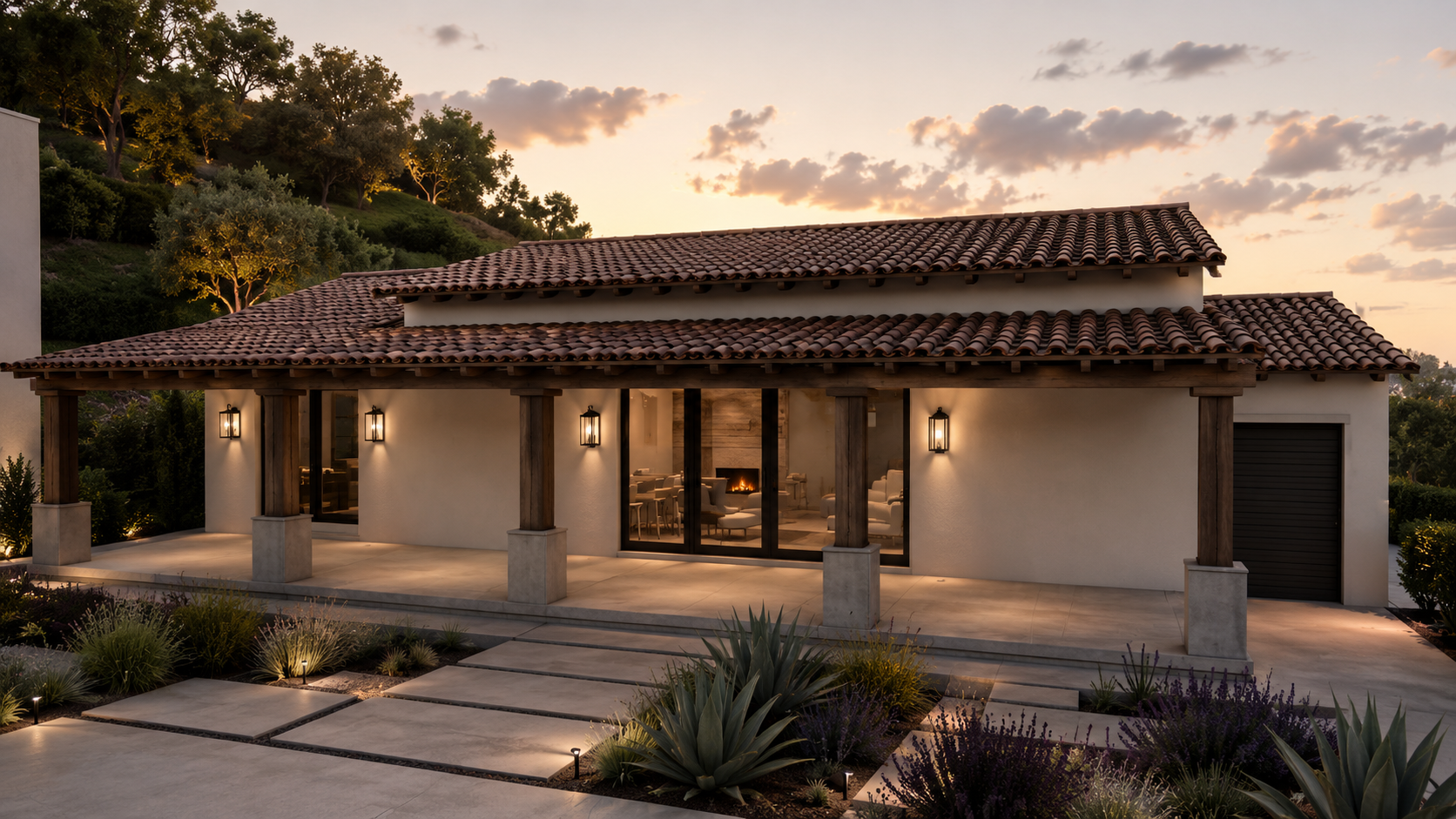 California Spanish Ranch ADU with a clay barrel-tile roof, smooth stucco, timber posts, and a covered terrace