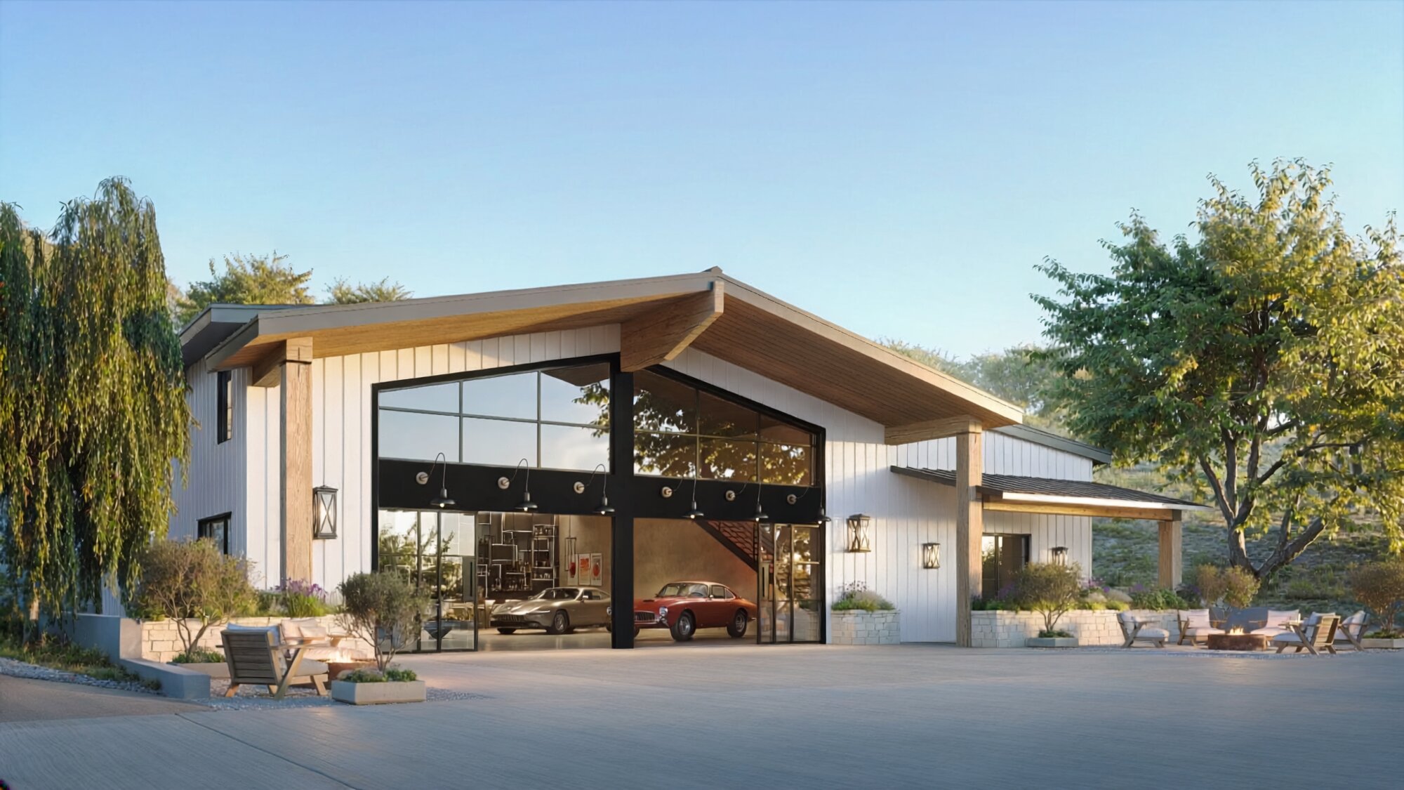 Barn-inspired private car museum with glazed display doors