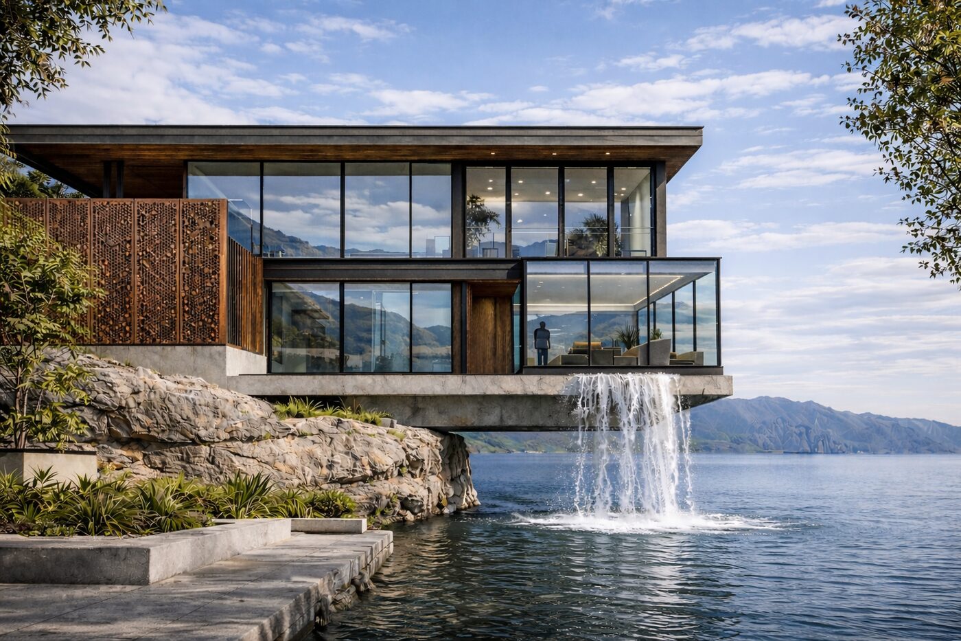 Modern coastal home cantilevered above water