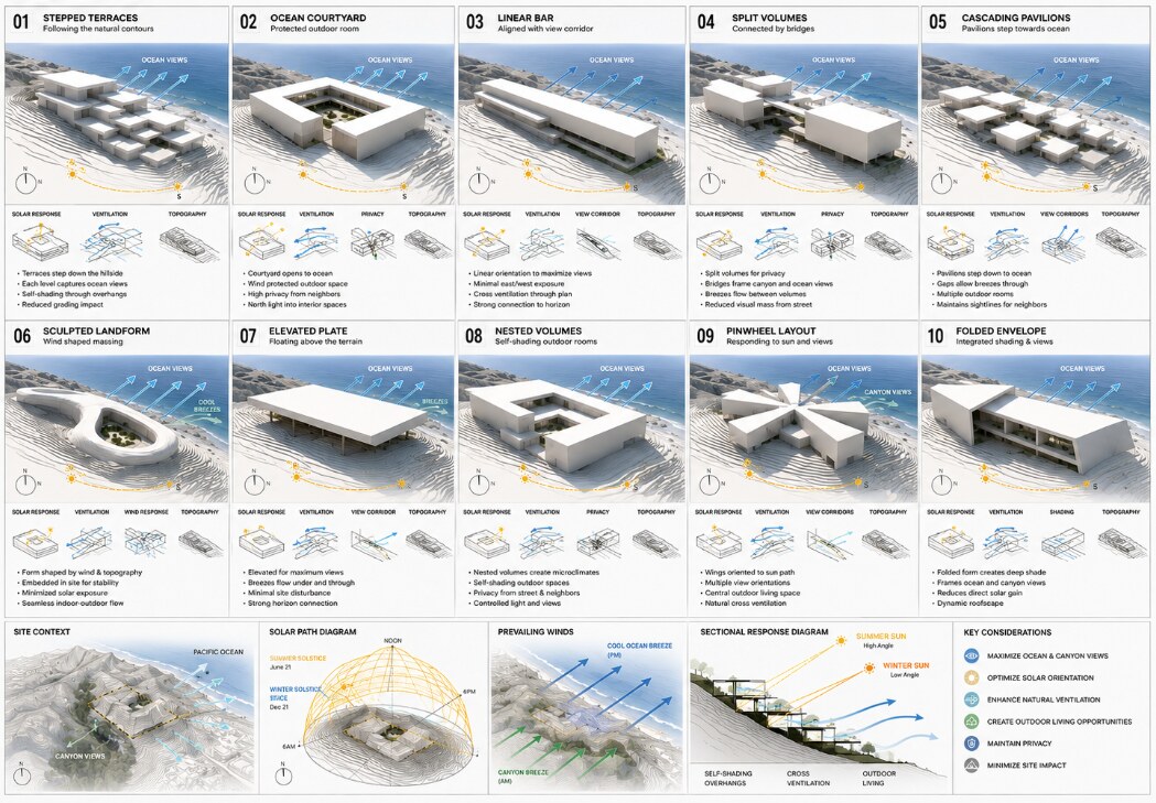 Massing studies with solar, wind, view, and topography analysis