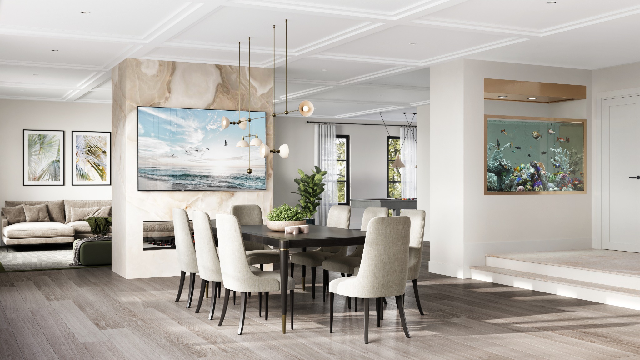 Foxfield Residence dining and family room visualization with integrated aquarium and stone fireplace