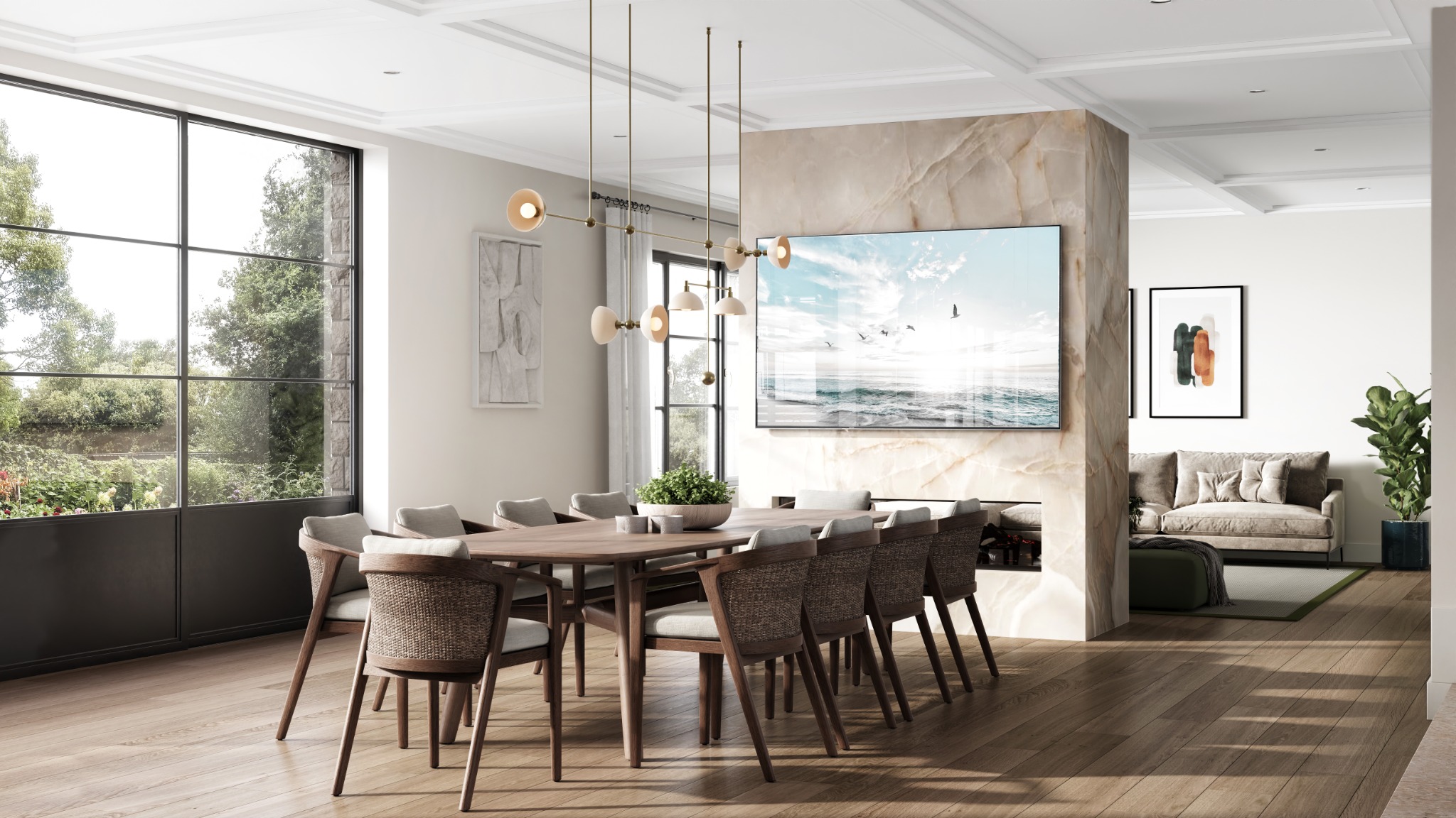 Foxfield Residence dining room visualization with stone fireplace and adjoining family room