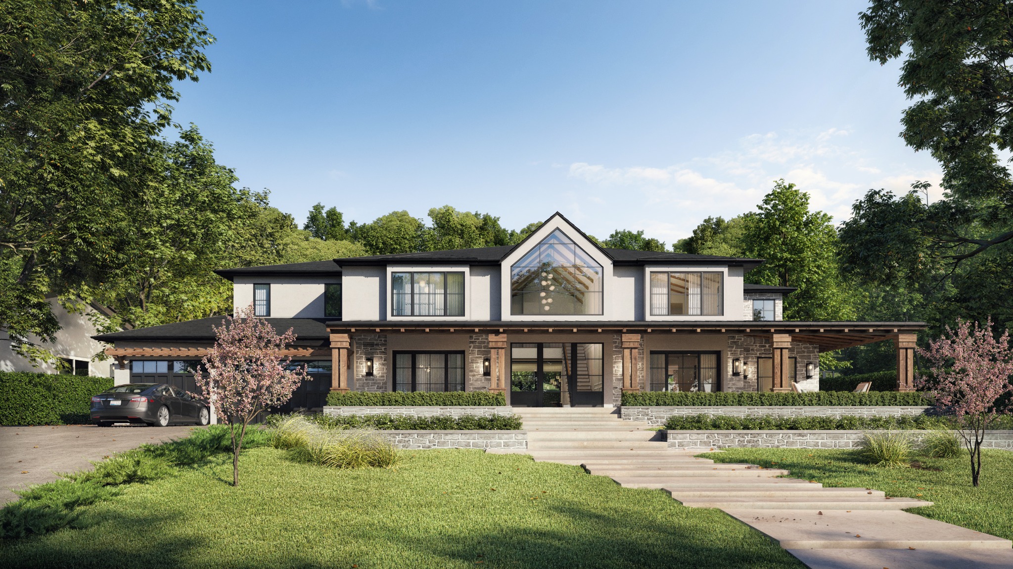 Front visualization of the remodeled Foxfield Residence with a new second floor, stone facade, and integrated covered porch