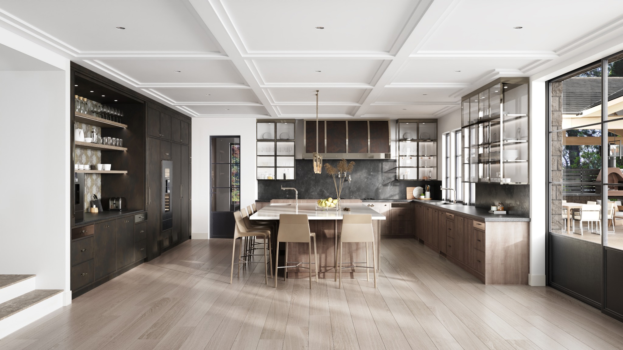 Alternate Foxfield Residence kitchen visualization showing custom cabinetry and connection to the covered outdoor kitchen