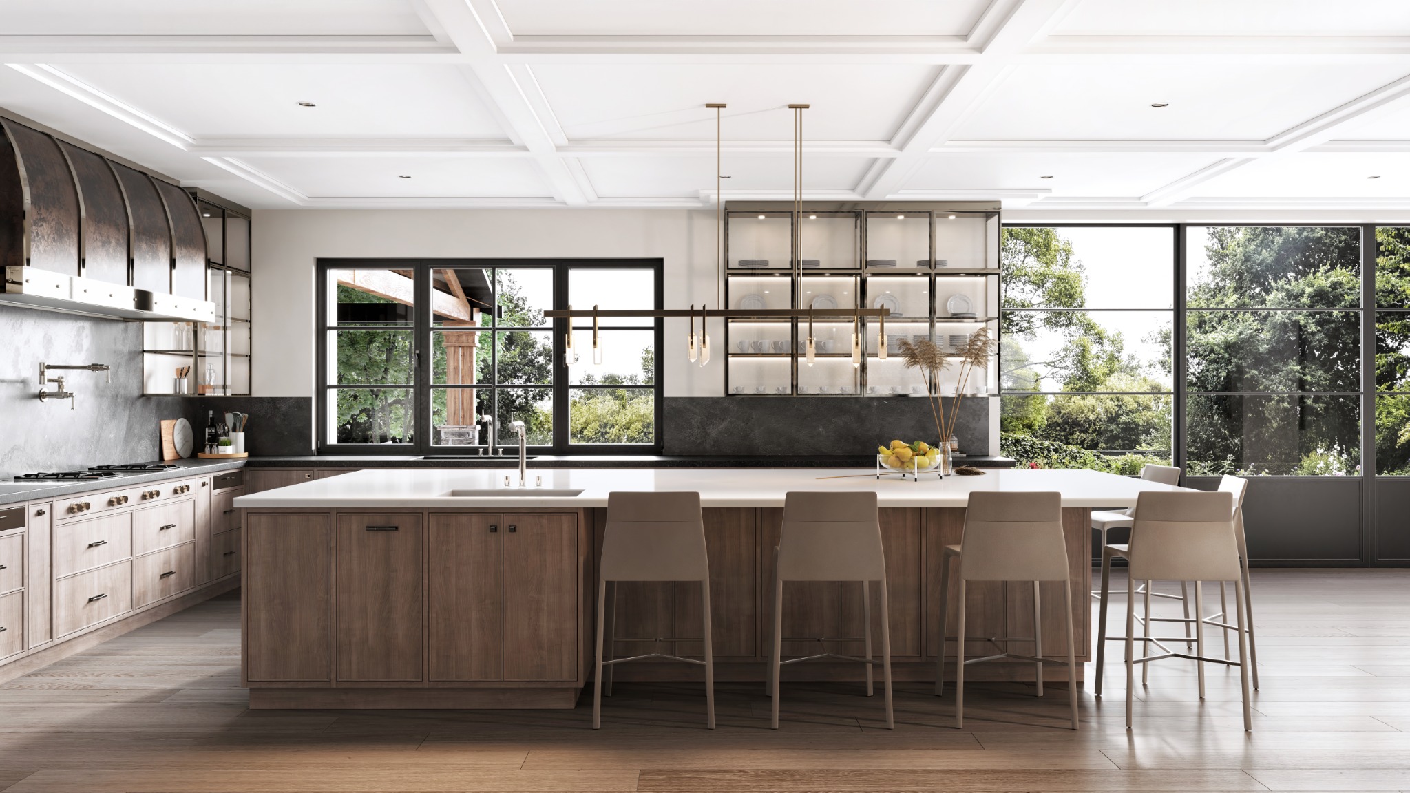 Foxfield Residence kitchen visualization with large island, steel-framed glazing, and custom cabinetry