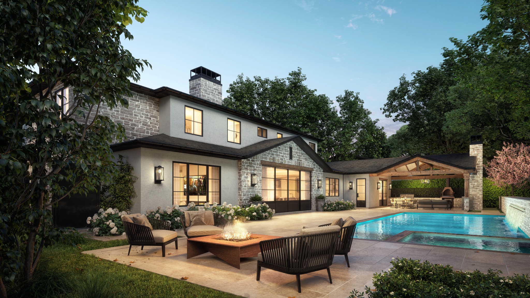 Rear visualization of the Foxfield Residence with pool, covered outdoor living room, and outdoor kitchen