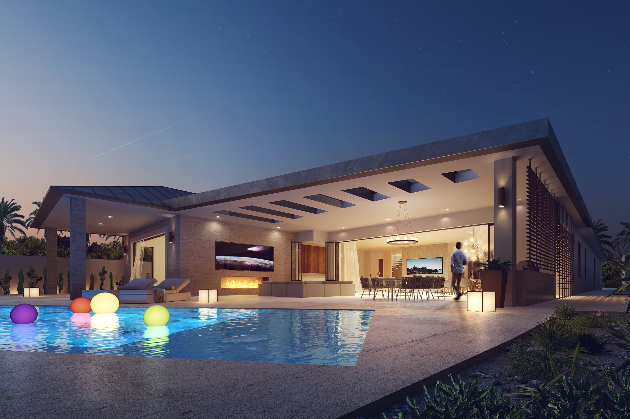 Madison Club backyard visualization with pool, shaded terraces, and desert landscaping