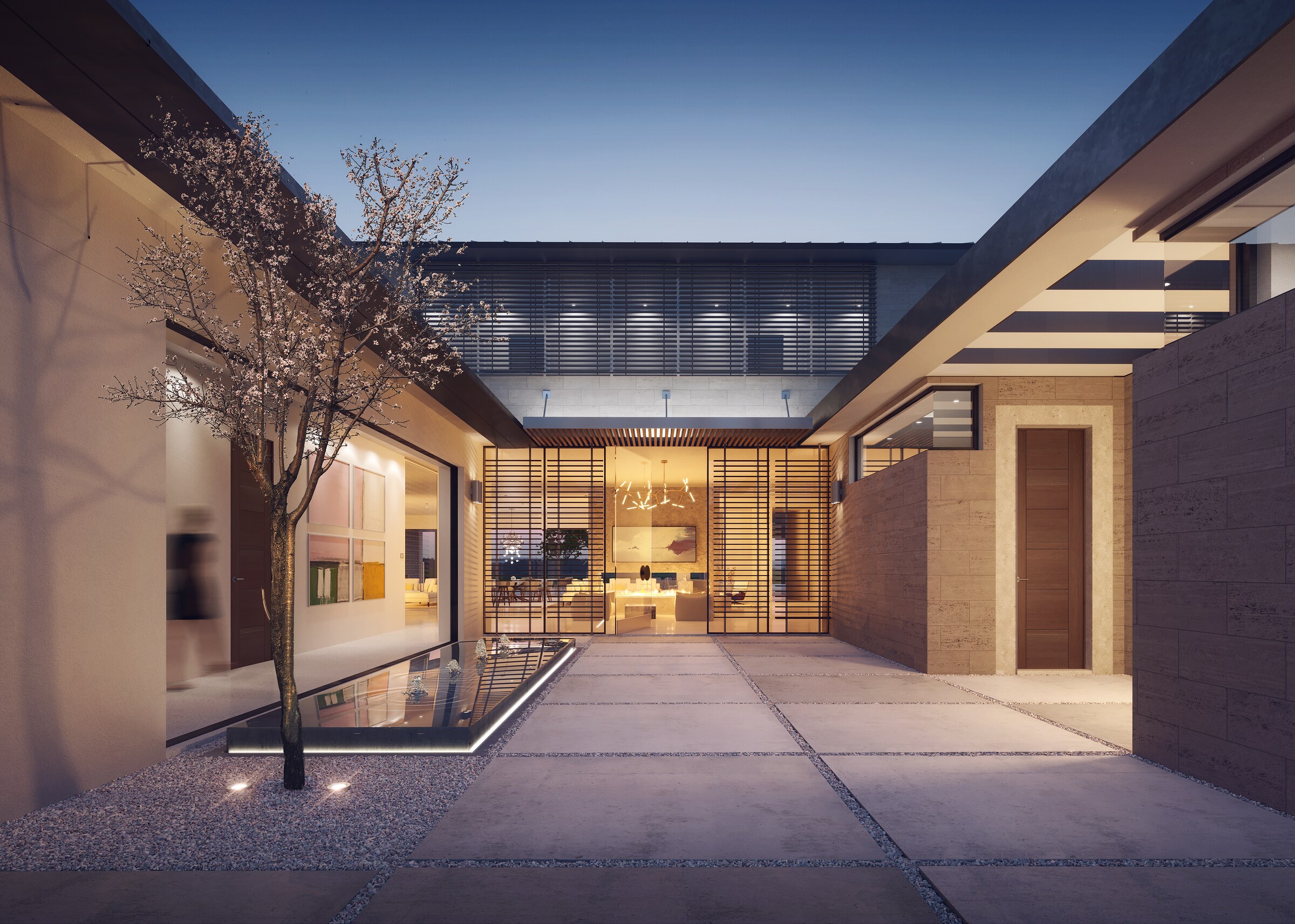 Courtyard visualization of the Madison Club desert residence with reflecting pools and deep roof overhangs