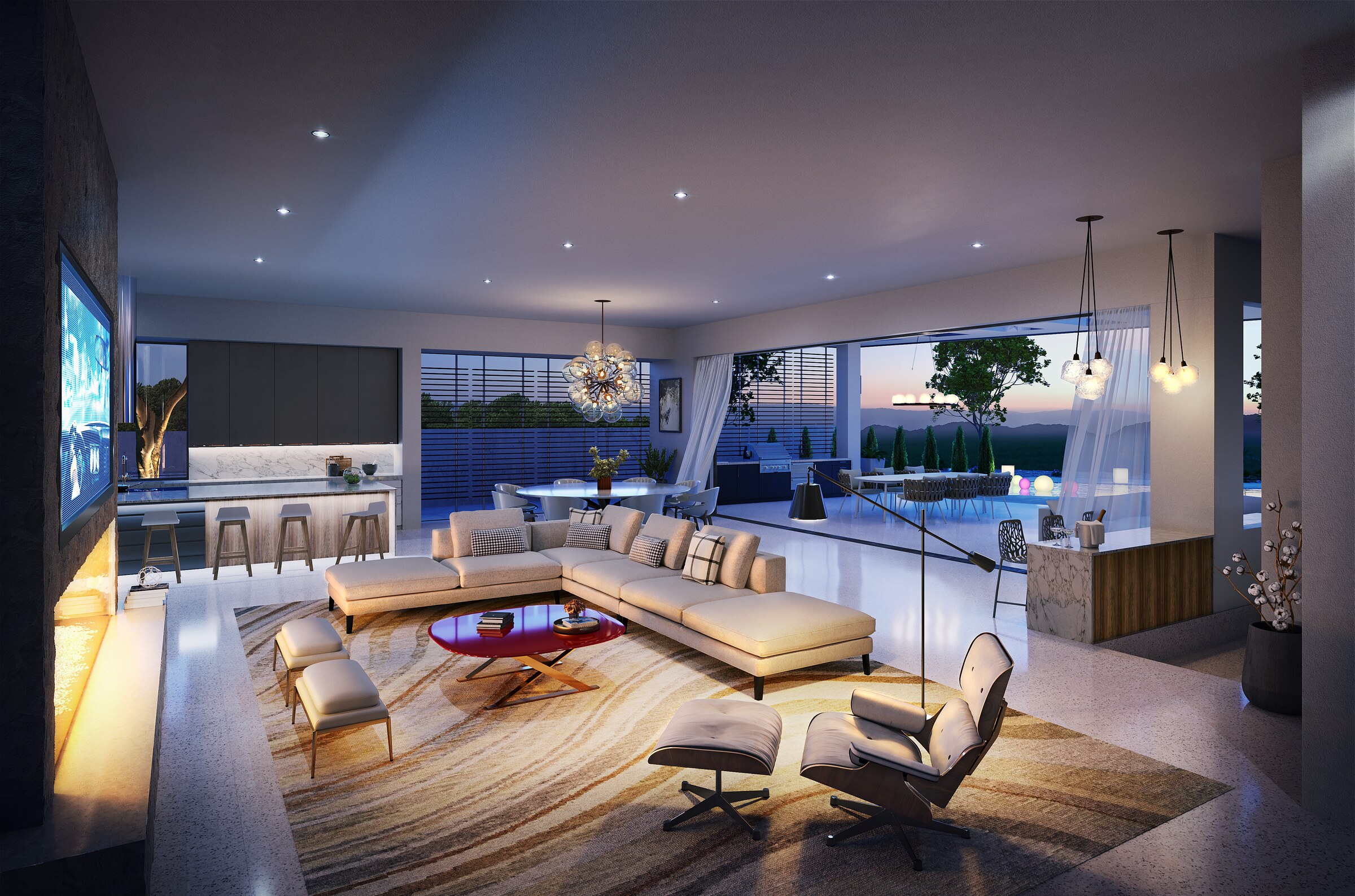 Madison Club interior lounge visualization opening toward the desert landscape