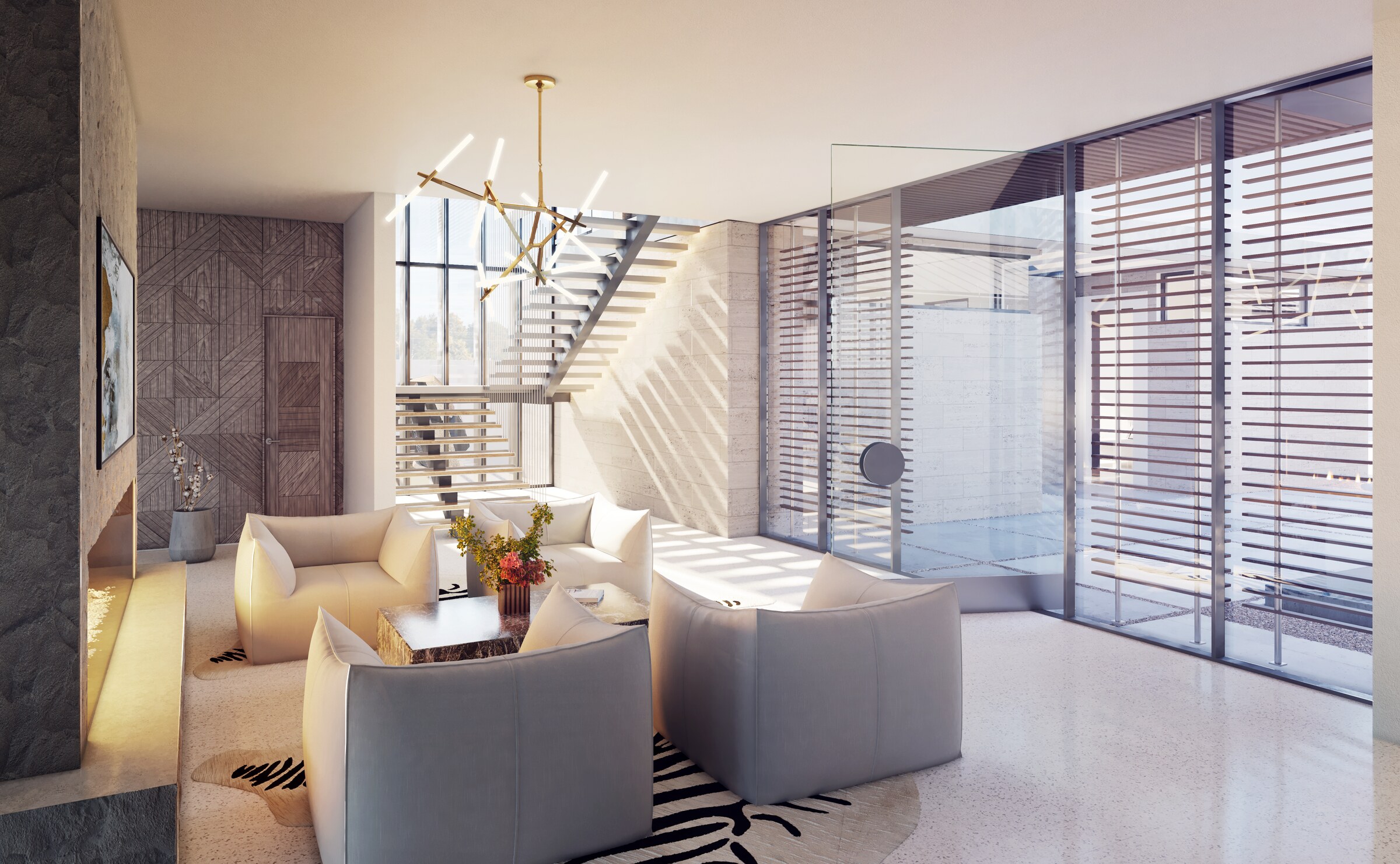 Madison Club interior staircase visualization with sculptural stair and warm wood finishes