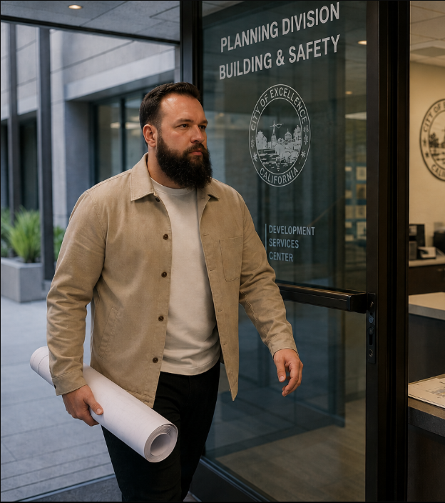 Tony Bennett carrying architectural plans into a Planning and Building and Safety department