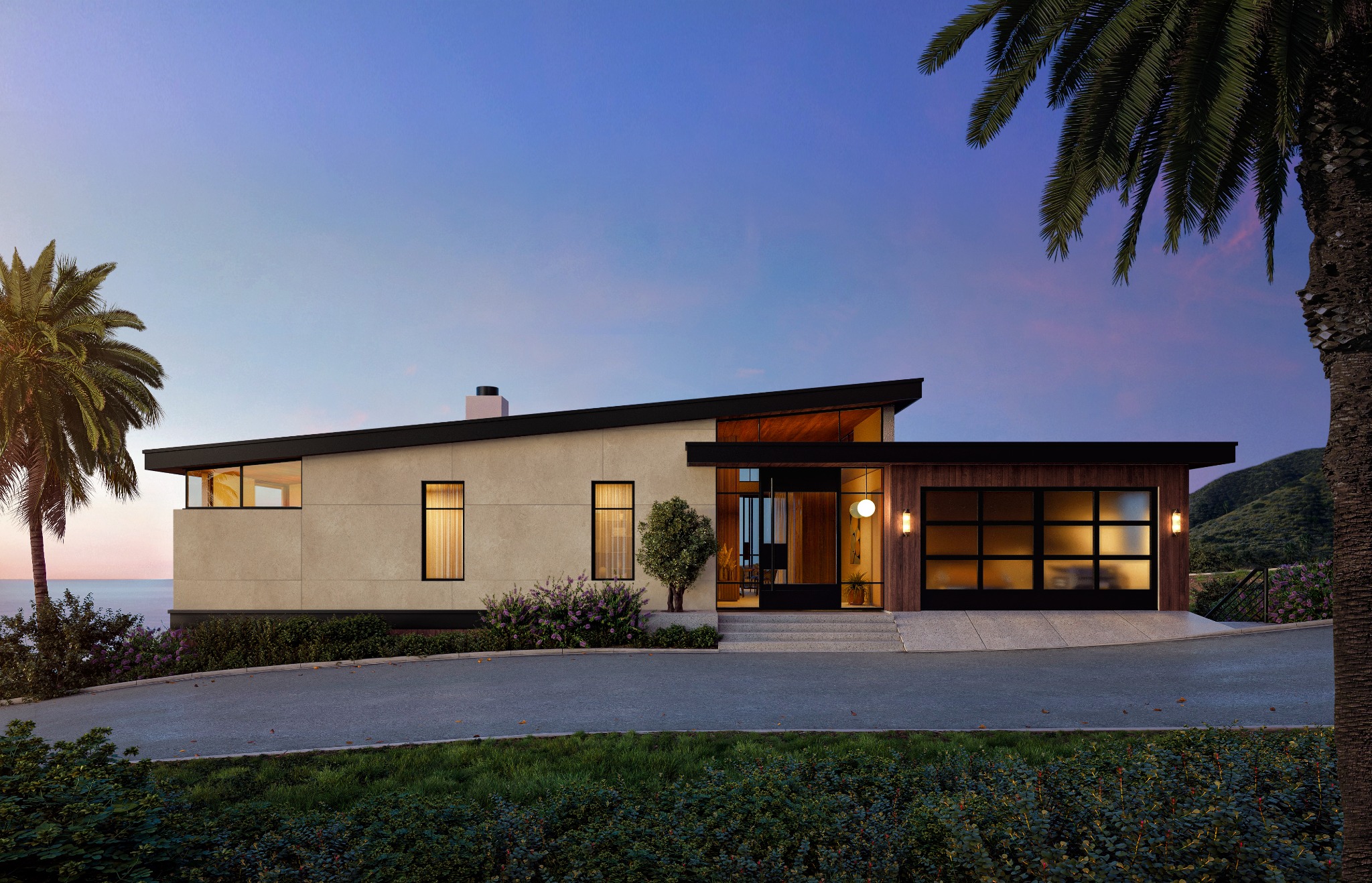 Front visualization of the Rambla Vista fire-rebuild residence in Malibu