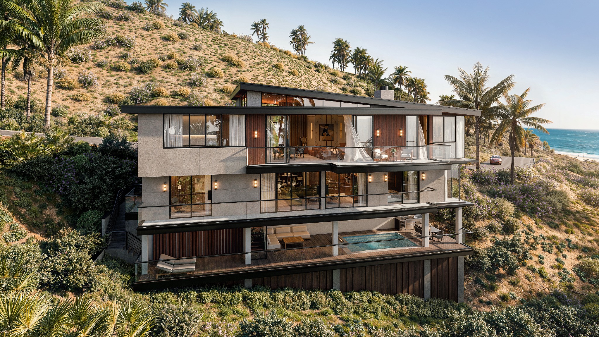 Rear visualization of the Rambla Vista hillside residence overlooking the coast