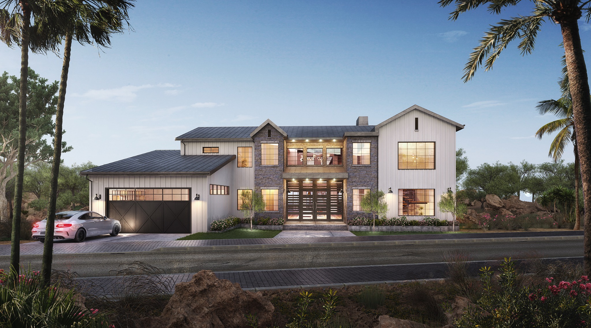 Dusk front visualization of the Stradella residence in Beverly Hills