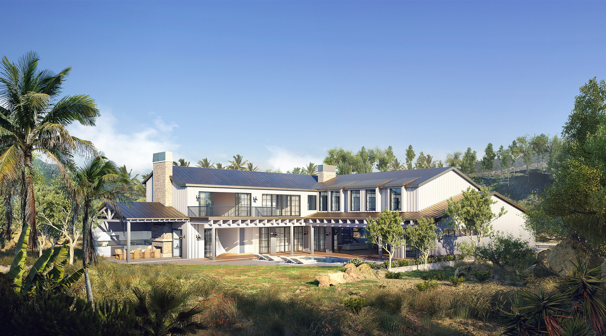Rear visualization of the Stradella residence with pool terrace and hillside landscape